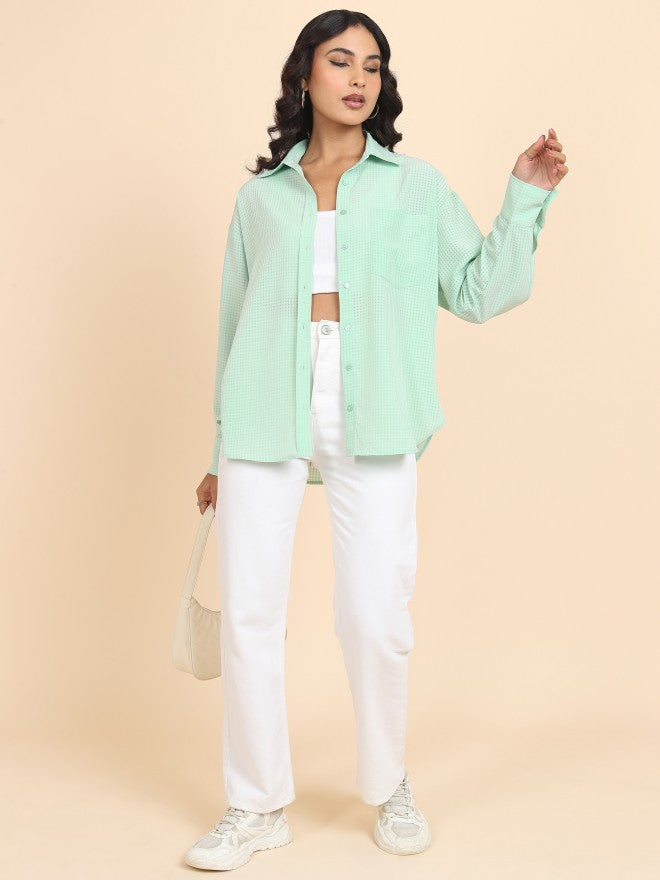 Tokyo Talkies Women Green Checked Oversized Fit Casual Shirt - Green - Image 2