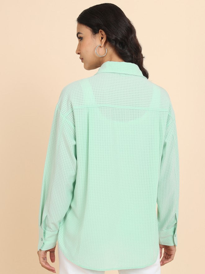 Tokyo Talkies Women Green Checked Oversized Fit Casual Shirt - Green - Image 3