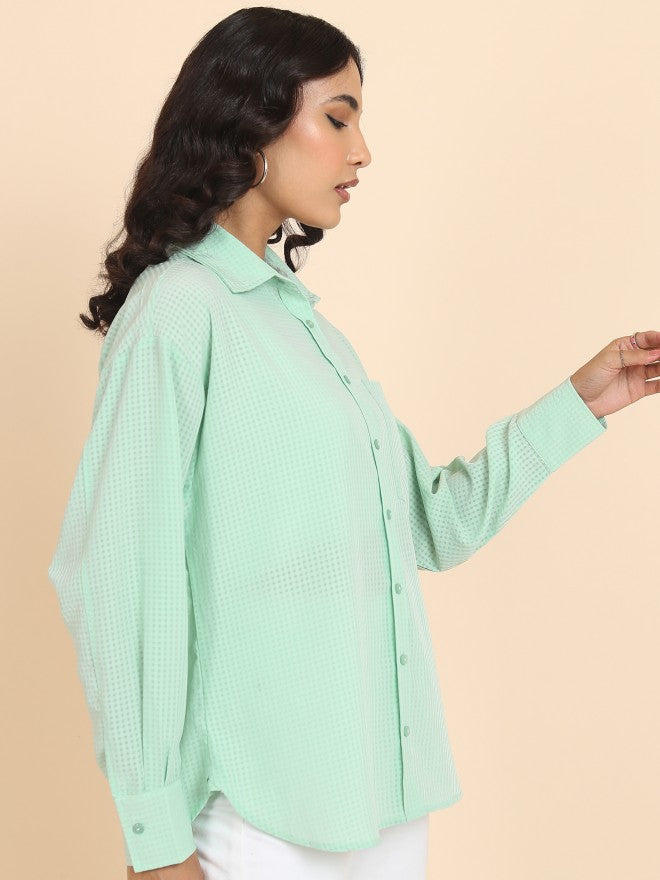 Tokyo Talkies Women Green Checked Oversized Fit Casual Shirt - Green - Image 4