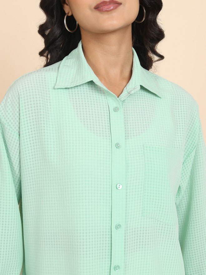 Tokyo Talkies Women Green Checked Oversized Fit Casual Shirt - Green - Image 5