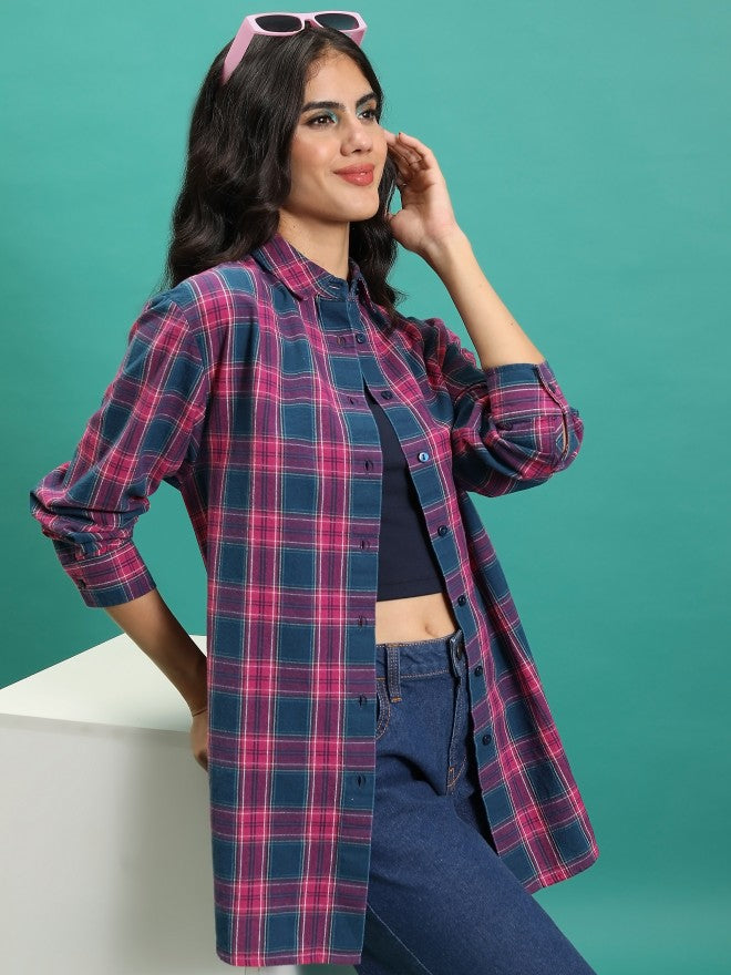 Tokyo Talkies Women Teal Checked Oversized Fit Casual Shirt - Teal - Image 1