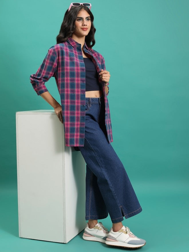 Tokyo Talkies Women Teal Checked Oversized Fit Casual Shirt - Teal - Image 2