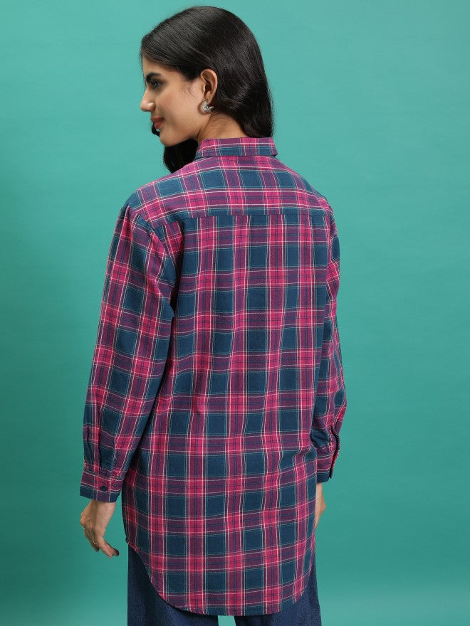 Tokyo Talkies Women Teal Checked Oversized Fit Casual Shirt - Teal - Image 3