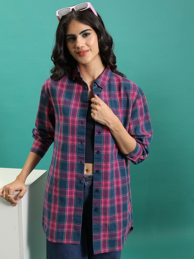 Tokyo Talkies Women Teal Checked Oversized Fit Casual Shirt - Teal - Image 4