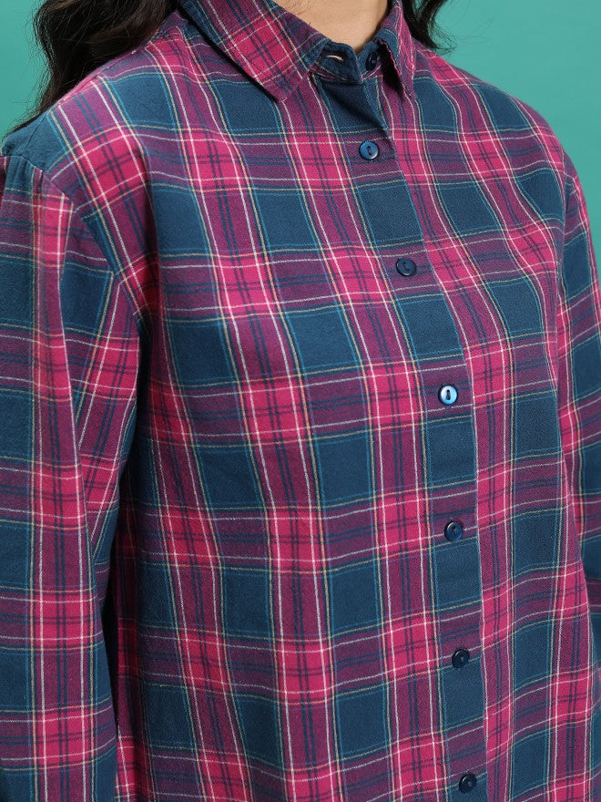 Tokyo Talkies Women Teal Checked Oversized Fit Casual Shirt - Teal - Image 5