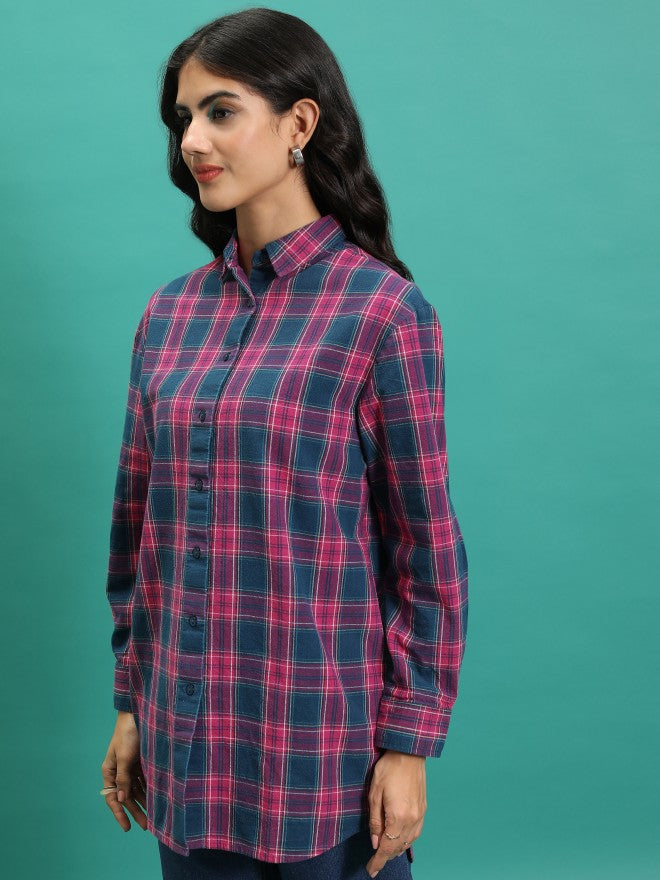 Tokyo Talkies Women Teal Checked Oversized Fit Casual Shirt - Teal - Image 6