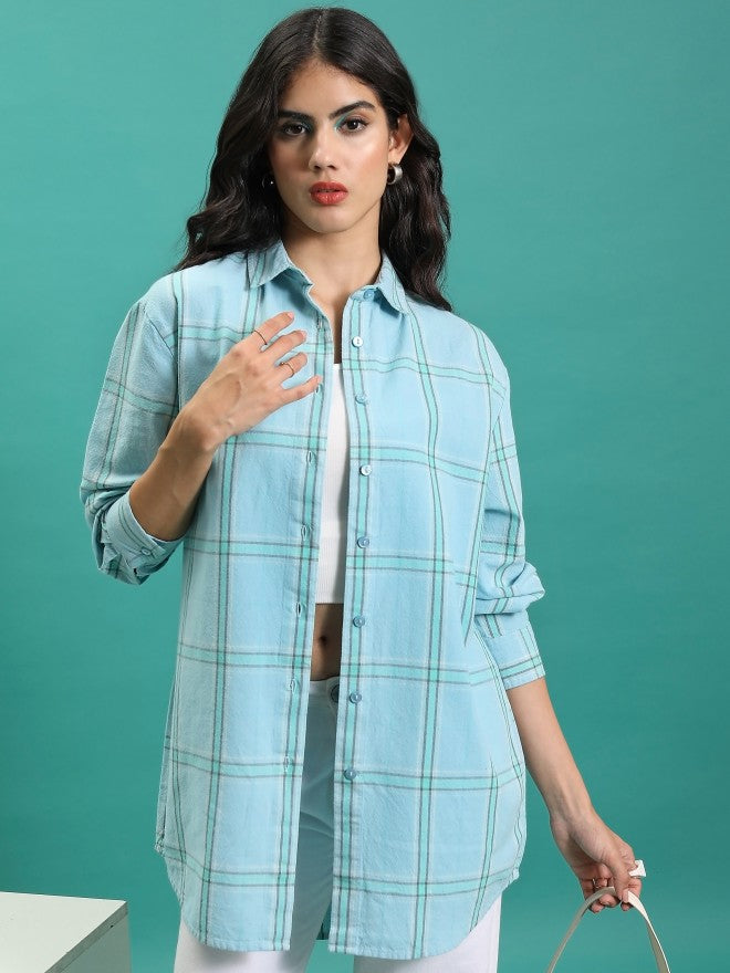 Tokyo Talkies Women Green Checked Oversized Fit Casual Shirt - Green - Image 1