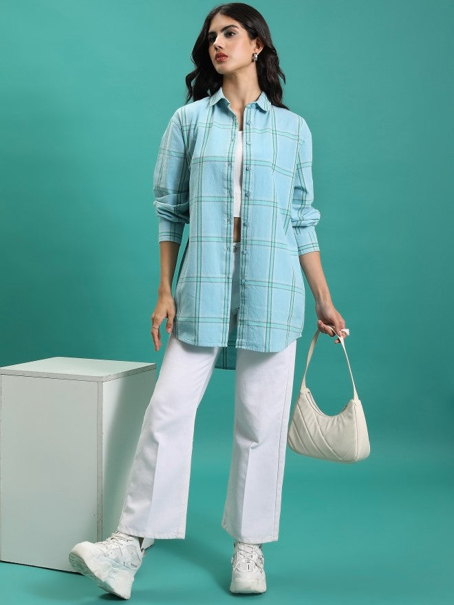 Tokyo Talkies Women Green Checked Oversized Fit Casual Shirt - Green - Image 2