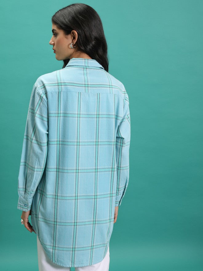 Tokyo Talkies Women Green Checked Oversized Fit Casual Shirt - Green - Image 3