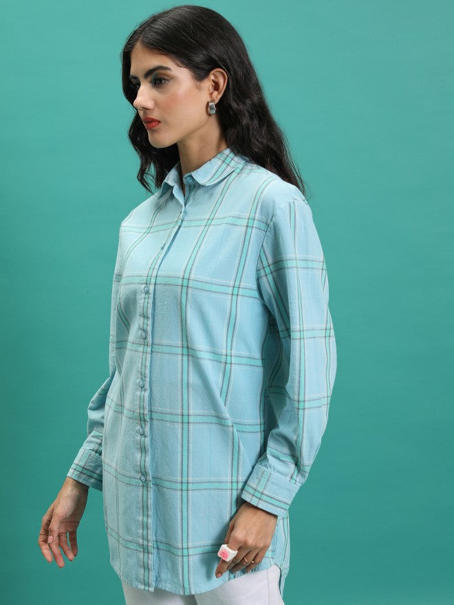 Tokyo Talkies Women Green Checked Oversized Fit Casual Shirt - Green - Image 4