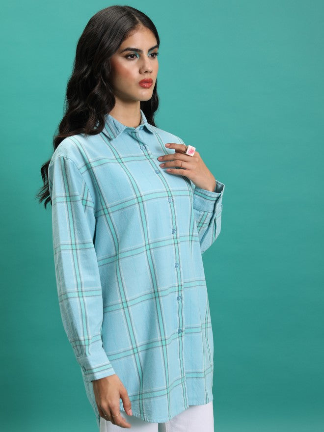 Tokyo Talkies Women Green Checked Oversized Fit Casual Shirt - Green - Image 6