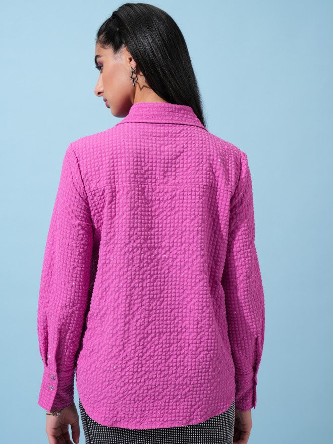 Tokyo Talkies Women Pink Self Design Casual Shirt - Pink - Image 3