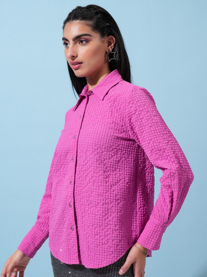 Tokyo Talkies Women Pink Self Design Casual Shirt - Pink - Image 4