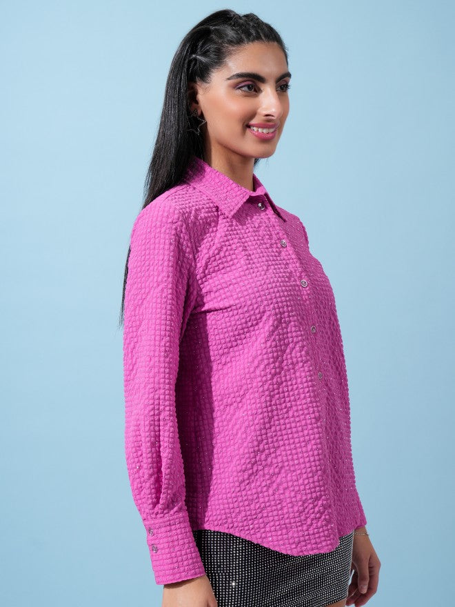 Tokyo Talkies Women Pink Self Design Casual Shirt - Pink - Image 6