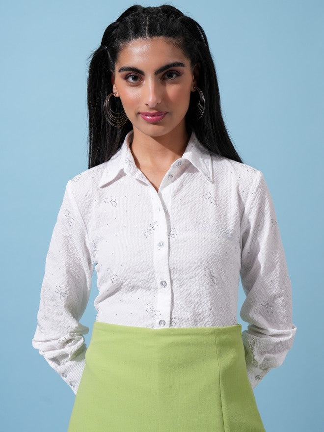 Tokyo Talkies Women White Self Design Casual Shirt - White - Image 1
