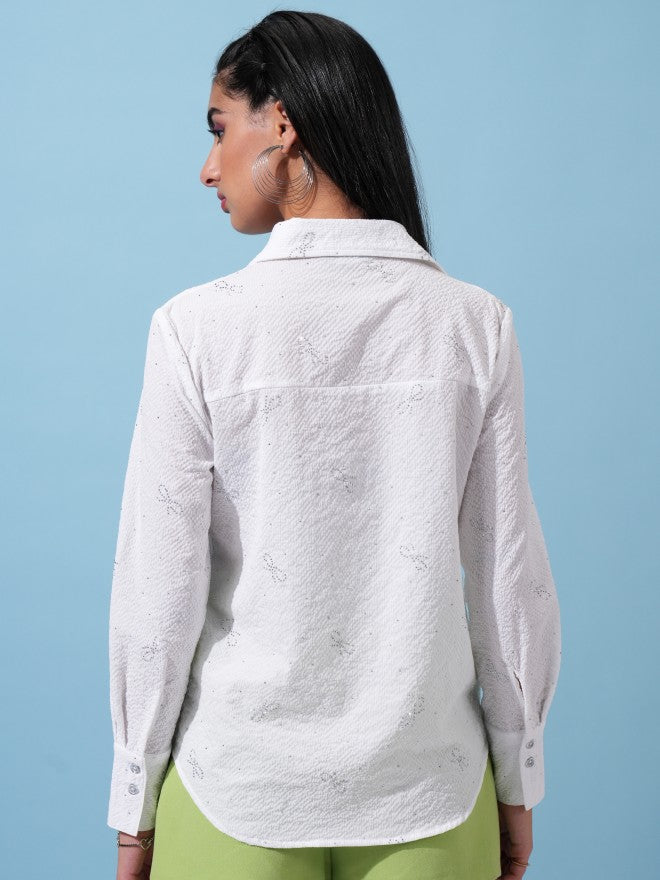 Tokyo Talkies Women White Self Design Casual Shirt - White - Image 3