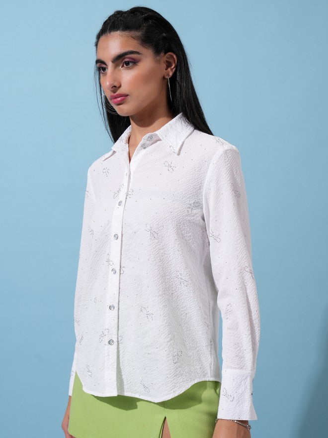 Tokyo Talkies Women White Self Design Casual Shirt - White - Image 4