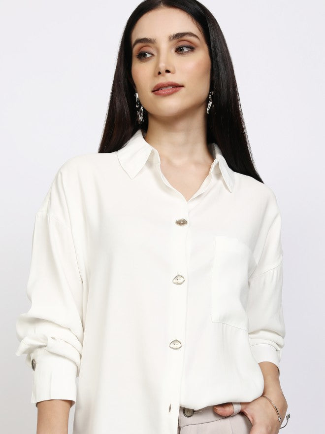 Tokyo Talkies Women Off White Solid Casual Shirt - Off White - Image 1
