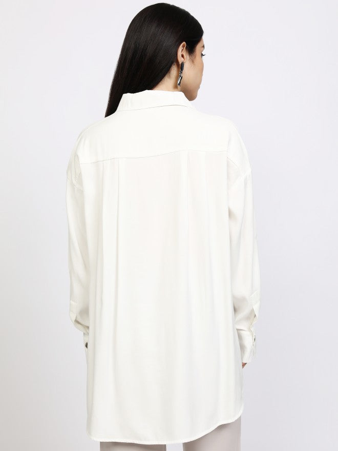 Tokyo Talkies Women Off White Solid Casual Shirt - Off White - Image 3