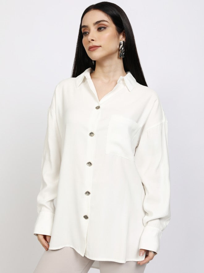 Tokyo Talkies Women Off White Solid Casual Shirt - Off White - Image 4