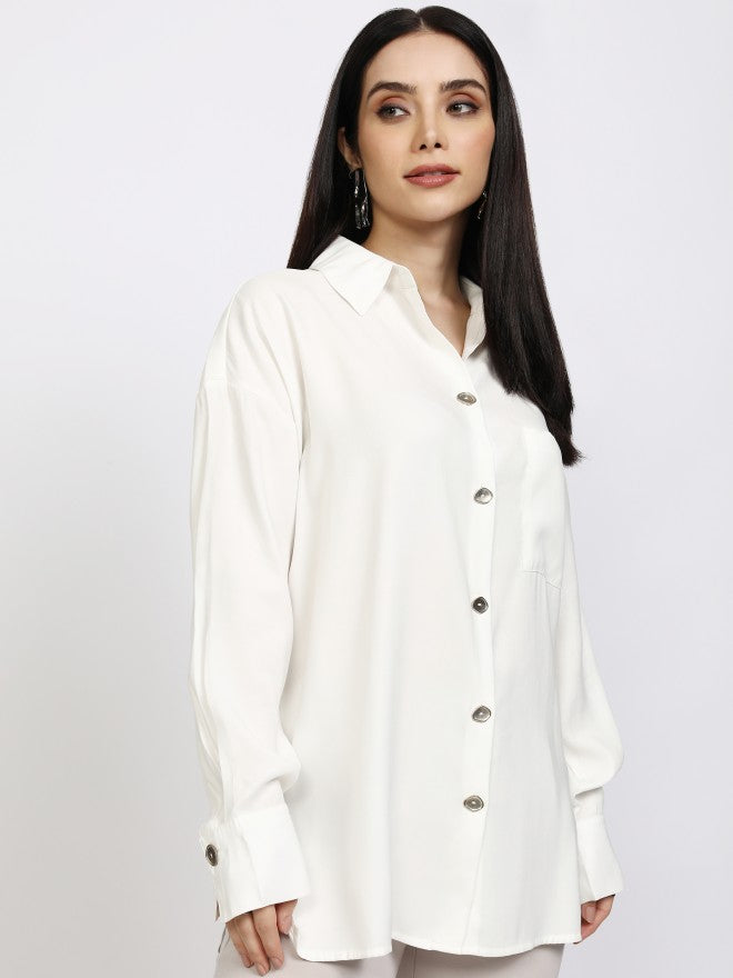 Tokyo Talkies Women Off White Solid Casual Shirt - Off White - Image 6
