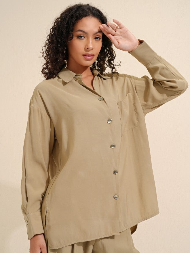 Tokyo Talkies Women Beige Solid Regular Fit Casual Shirt - Beige - Image 6