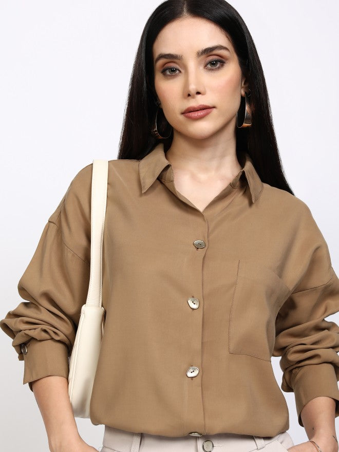 Tokyo Talkies Women Taupe Solid Casual Shirt - Taupe - Image 1