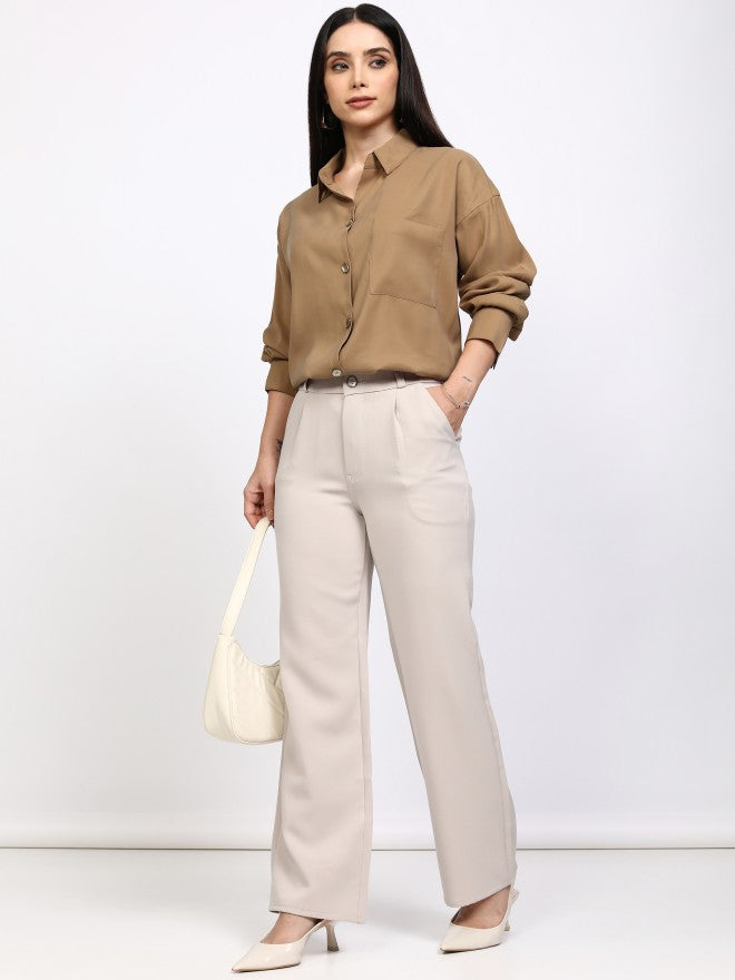 Tokyo Talkies Women Taupe Solid Casual Shirt - Taupe - Image 2