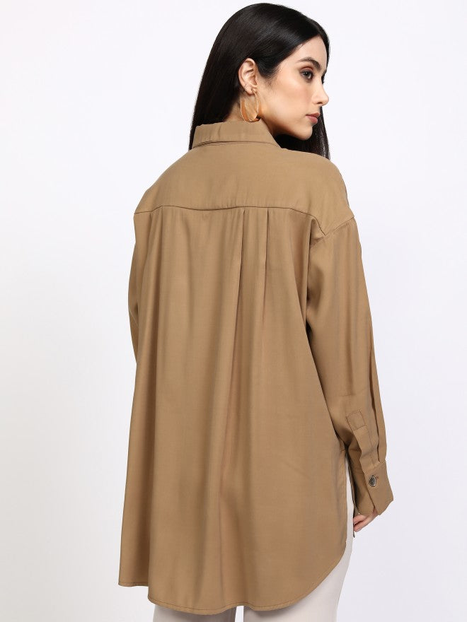 Tokyo Talkies Women Taupe Solid Casual Shirt - Taupe - Image 3