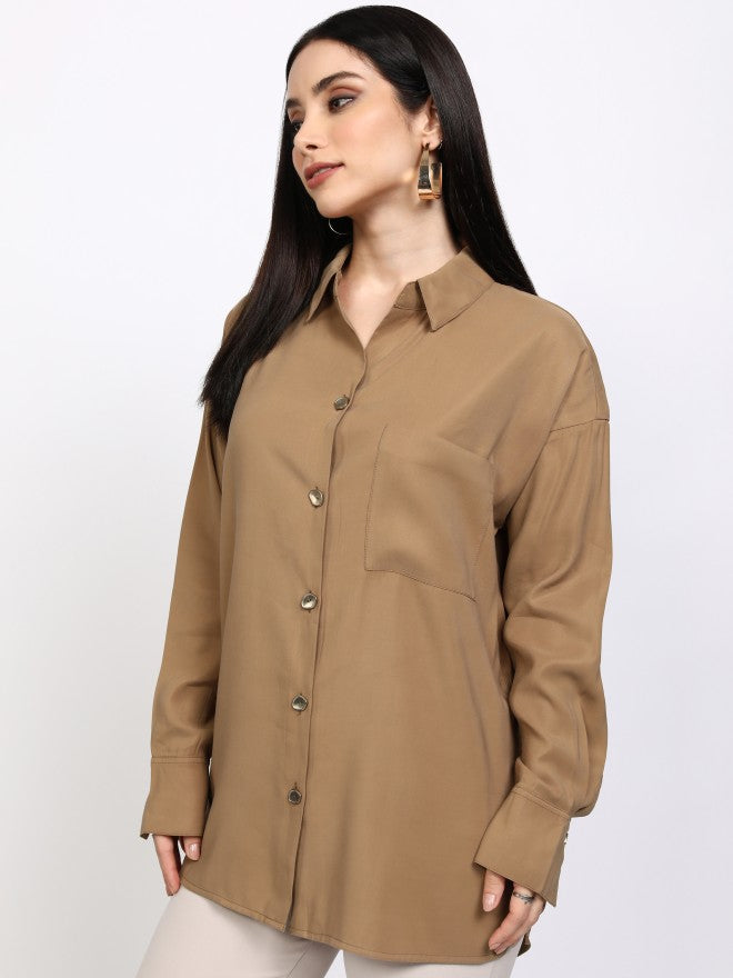 Tokyo Talkies Women Taupe Solid Casual Shirt - Taupe - Image 4
