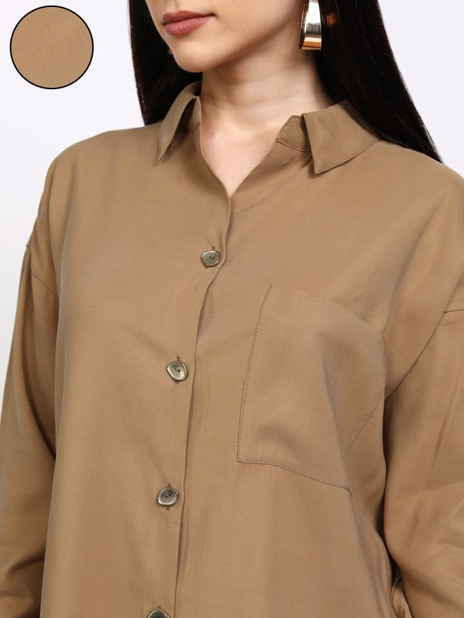 Tokyo Talkies Women Taupe Solid Casual Shirt - Taupe - Image 5
