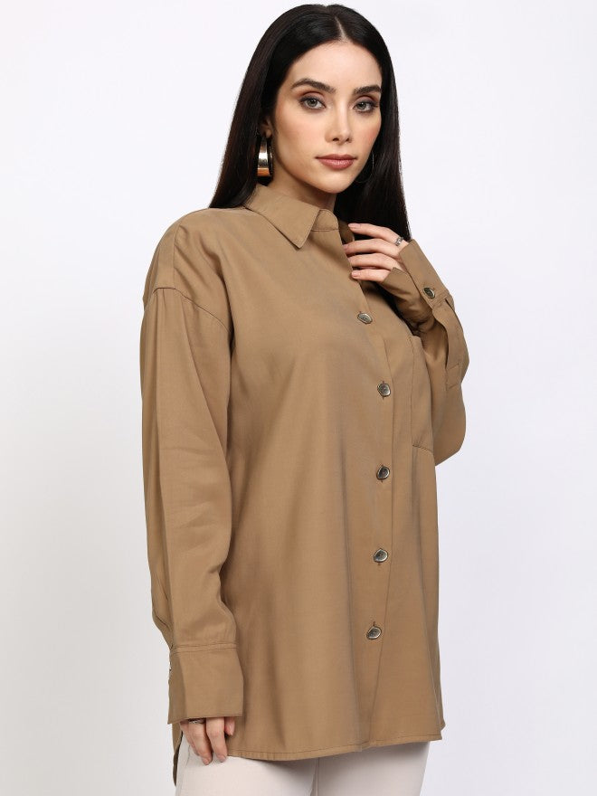 Tokyo Talkies Women Taupe Solid Casual Shirt - Taupe - Image 6