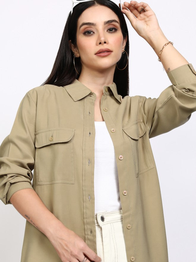 Tokyo Talkies Women Beige Solid Casual Shirt - Beige - Image 1