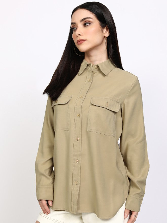 Tokyo Talkies Women Beige Solid Casual Shirt - Beige - Image 4