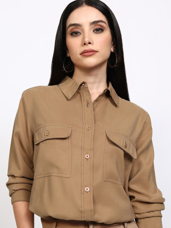 Tokyo Talkies Women Taupe Solid Regular Fit Casual Shirt - Taupe - Image 1