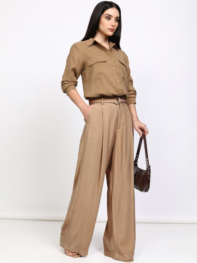 Tokyo Talkies Women Taupe Solid Regular Fit Casual Shirt - Taupe - Image 2