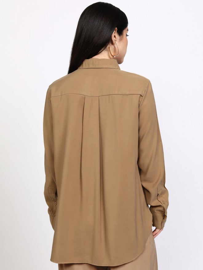 Tokyo Talkies Women Taupe Solid Regular Fit Casual Shirt - Taupe - Image 3