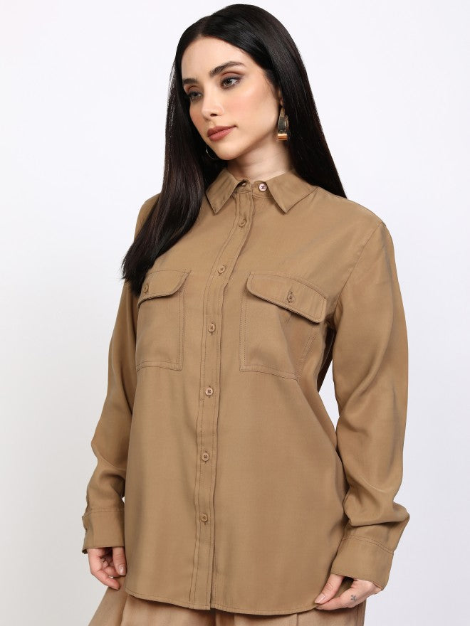 Tokyo Talkies Women Taupe Solid Regular Fit Casual Shirt - Taupe - Image 4