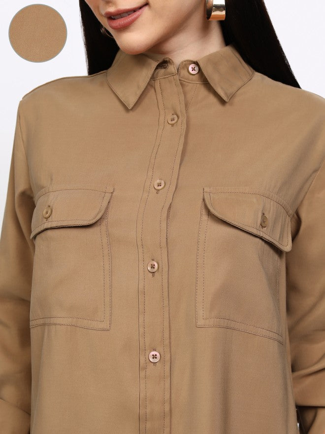 Tokyo Talkies Women Taupe Solid Regular Fit Casual Shirt - Taupe - Image 5