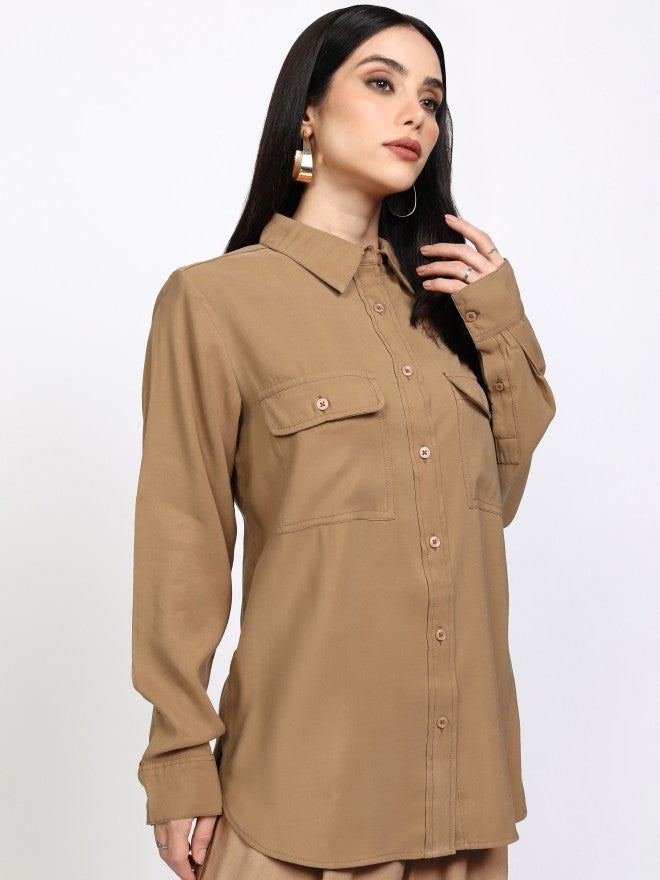 Tokyo Talkies Women Taupe Solid Regular Fit Casual Shirt - Taupe - Image 6