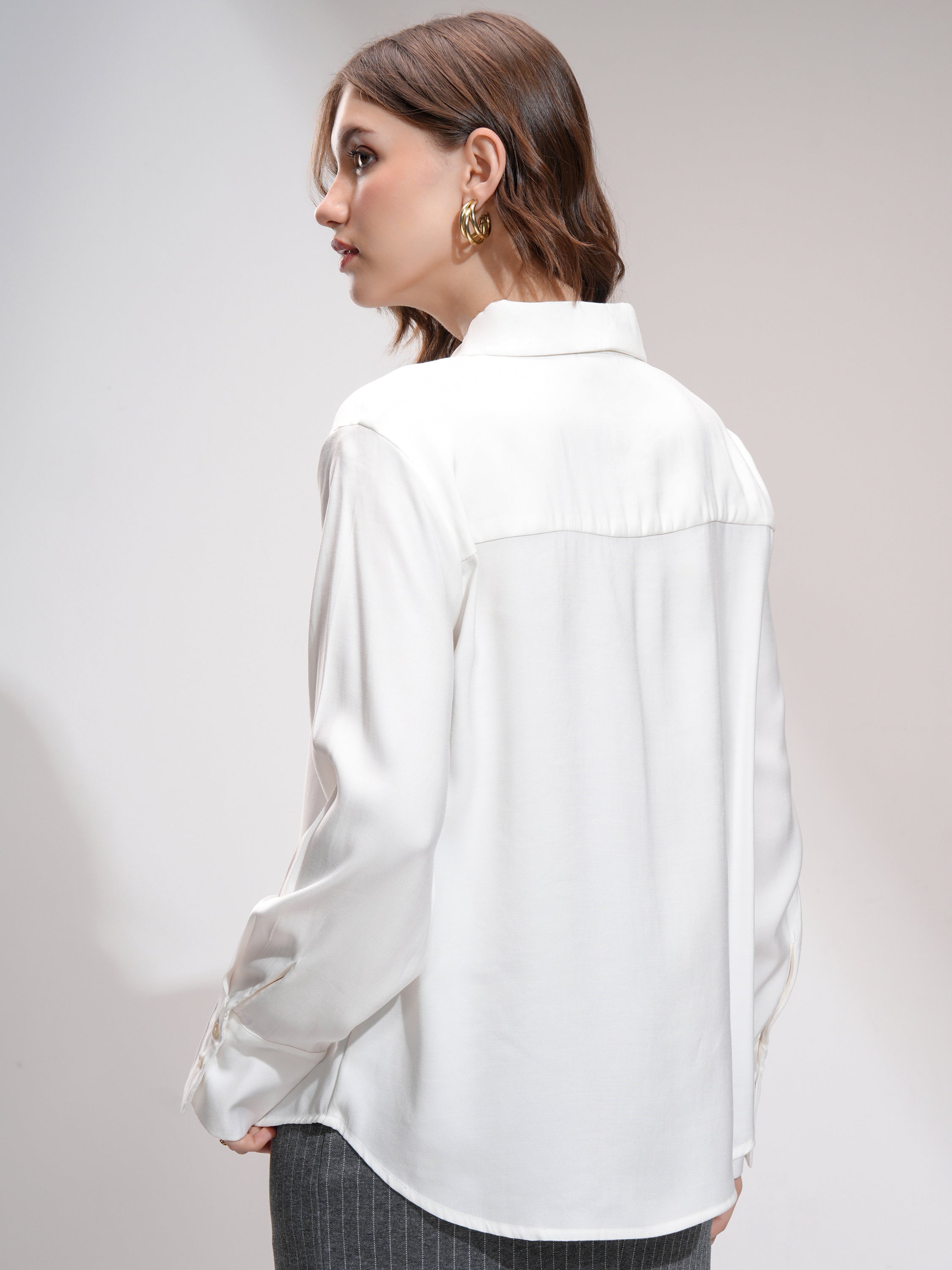 Tokyo Talkies Women Off White Solid Casual Shirt - Off White - Image 3