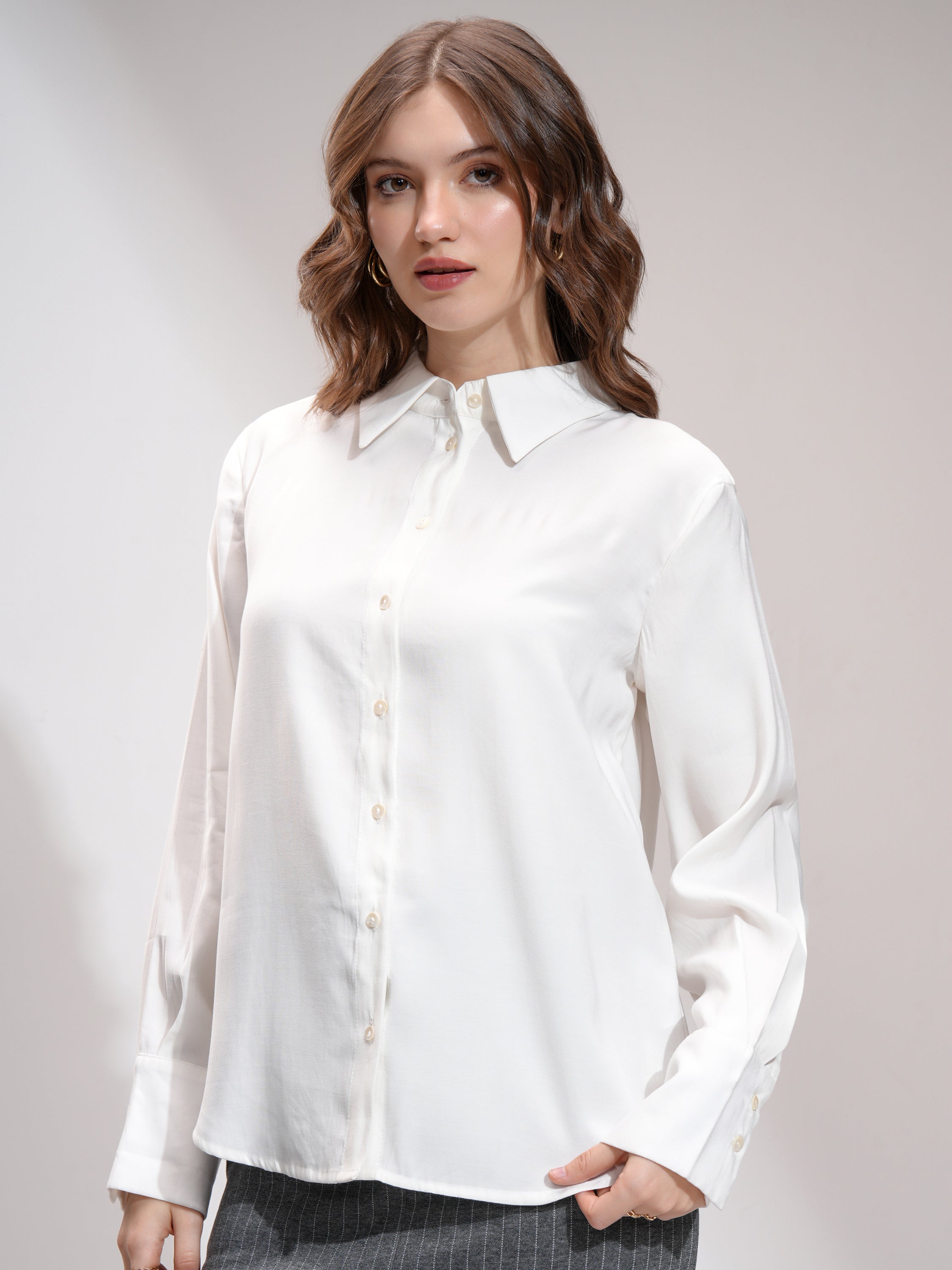 Tokyo Talkies Women Off White Solid Casual Shirt - Off White - Image 4