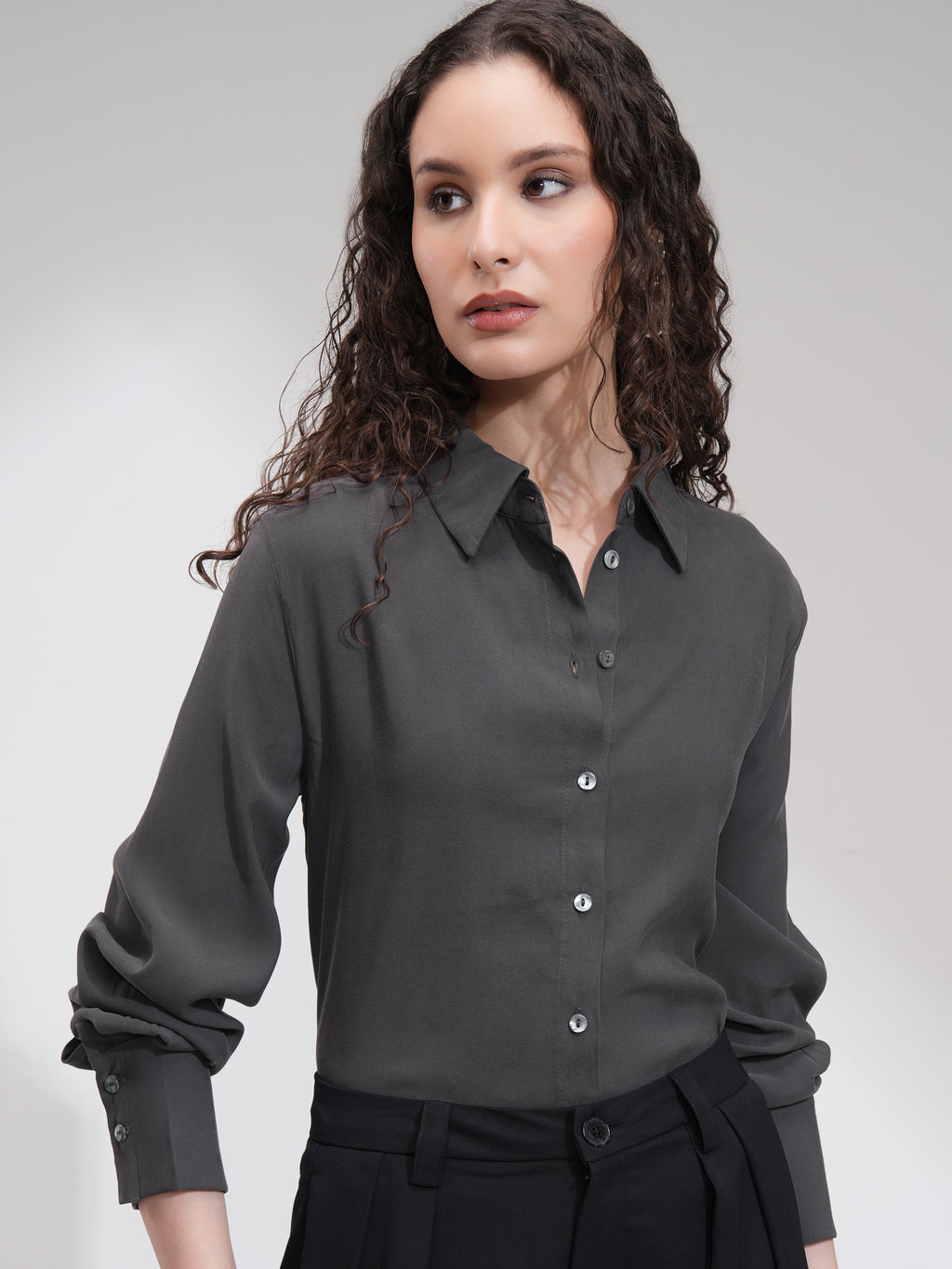 Tokyo Talkies Women Charcoal Solid Casual Shirt - Charcoal - Image 1