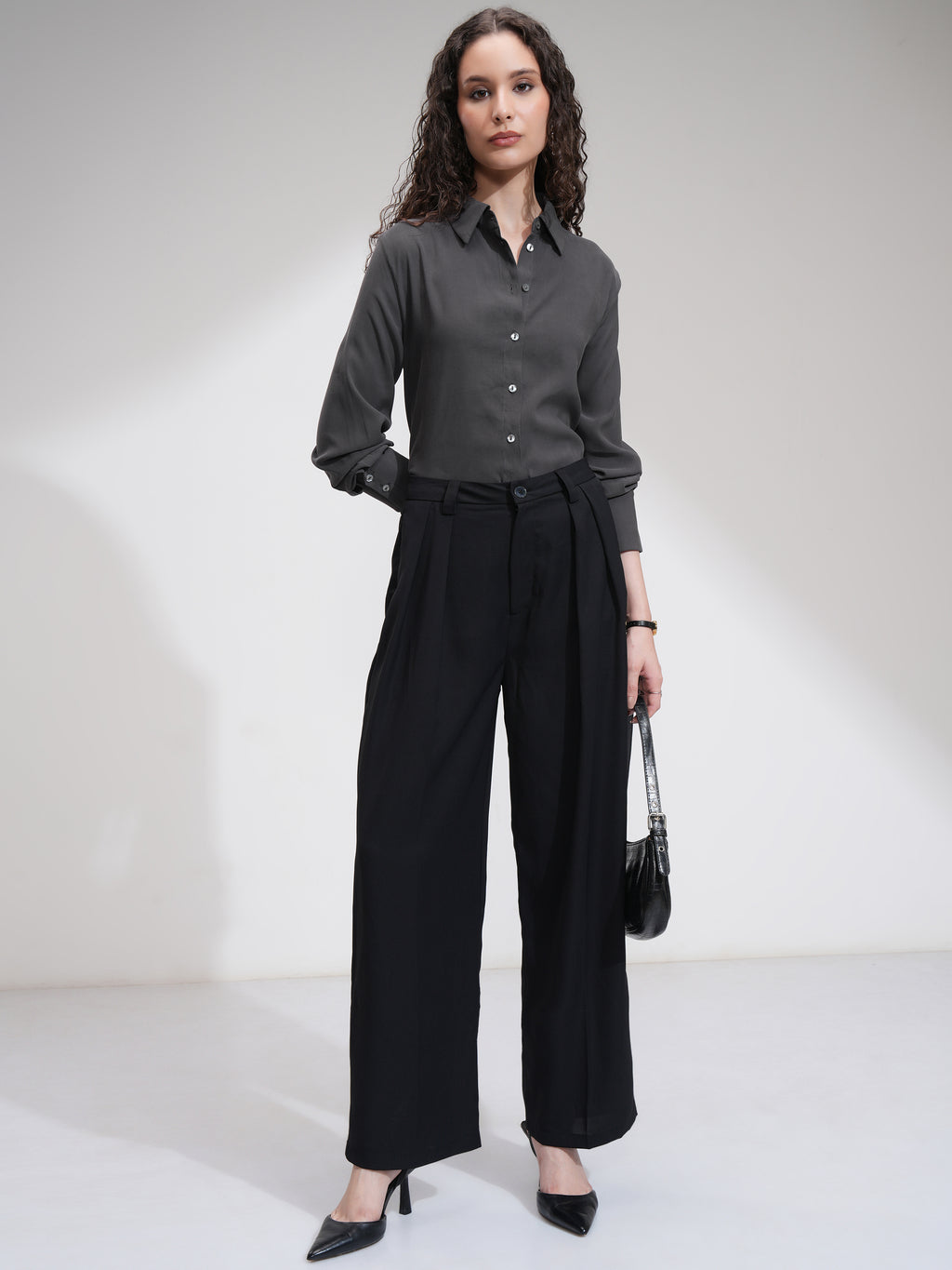Tokyo Talkies Women Charcoal Solid Casual Shirt - Charcoal - Image 2