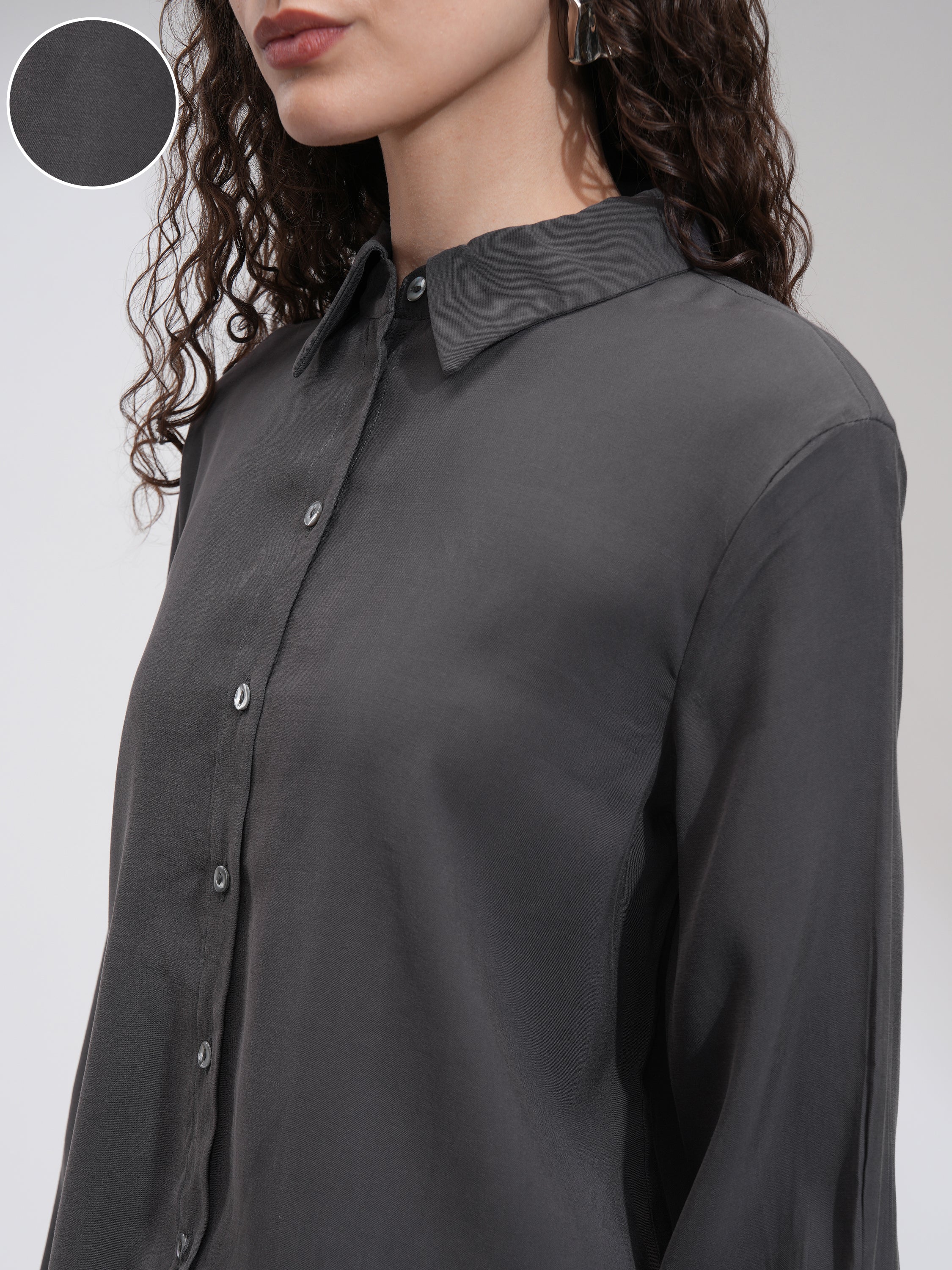 Tokyo Talkies Women Charcoal Solid Casual Shirt - Charcoal - Image 5