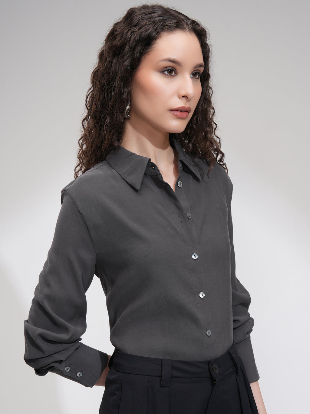 Tokyo Talkies Women Charcoal Solid Casual Shirt - Charcoal - Image 6