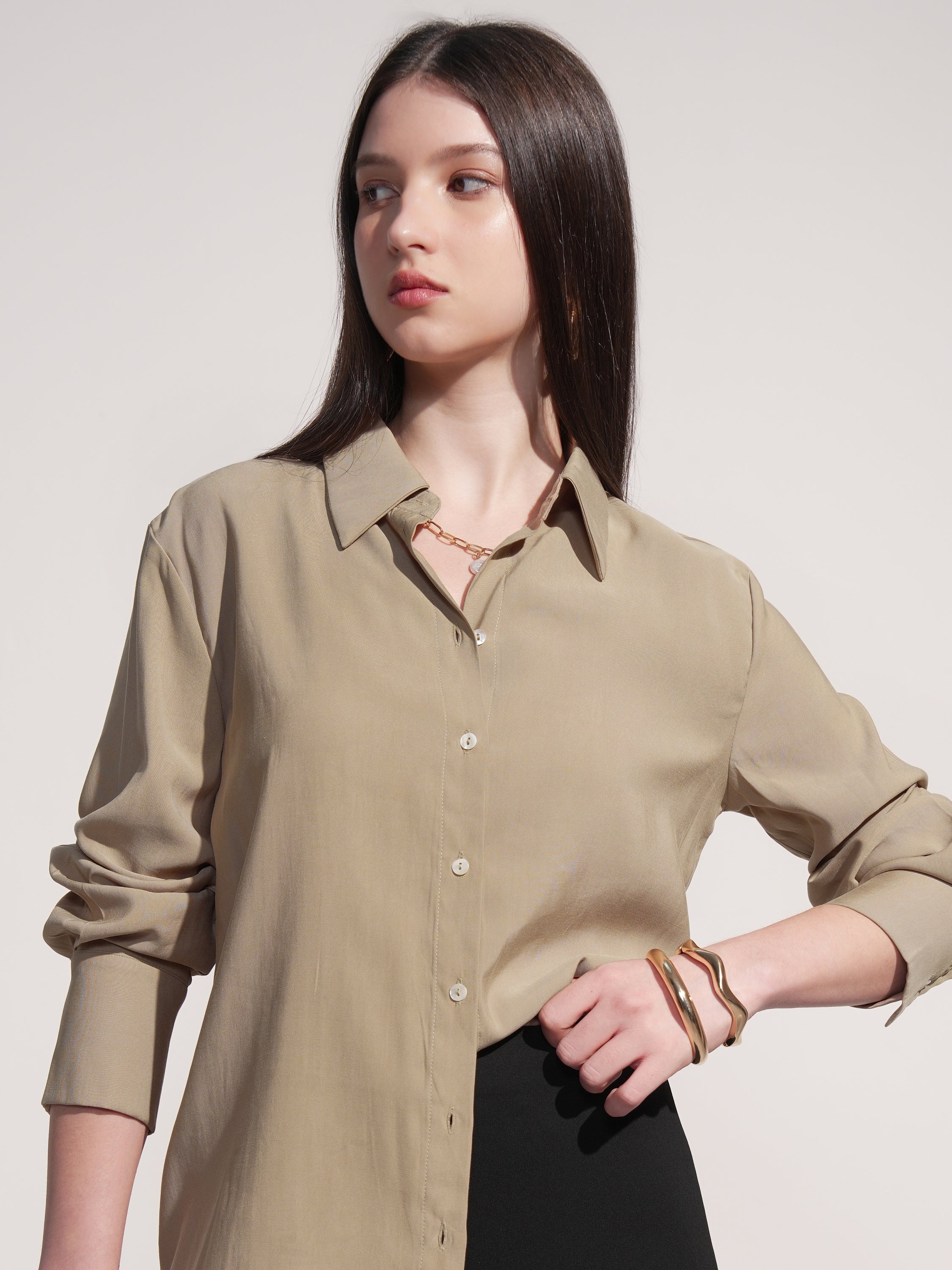 Tokyo Talkies Women Beige Solid Casual Shirt - Beige - Image 1