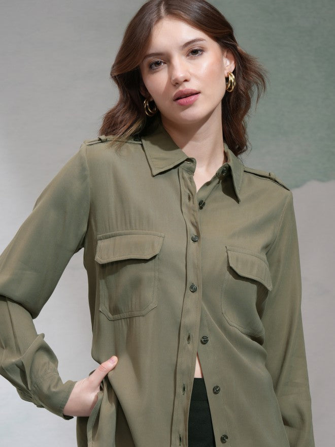 Tokyo Talkies Women Olive Solid Casual Shirt - Olive - Image 1