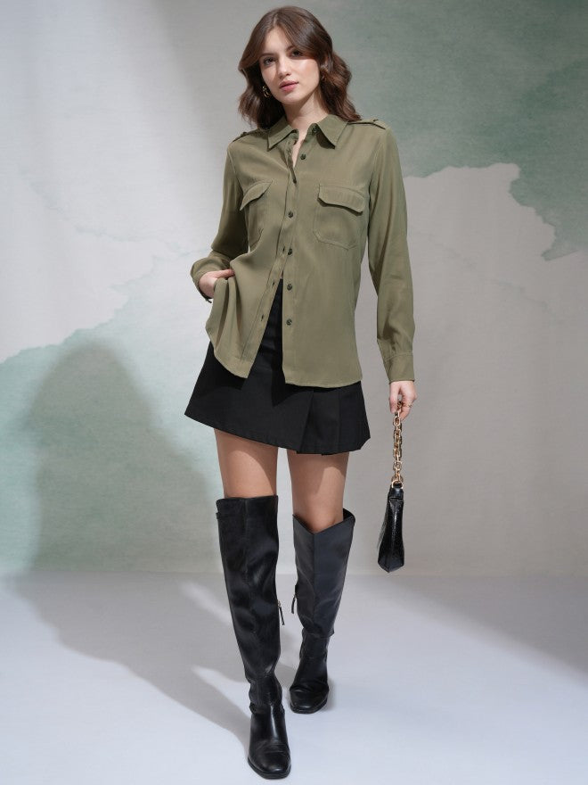 Tokyo Talkies Women Olive Solid Casual Shirt - Olive - Image 2