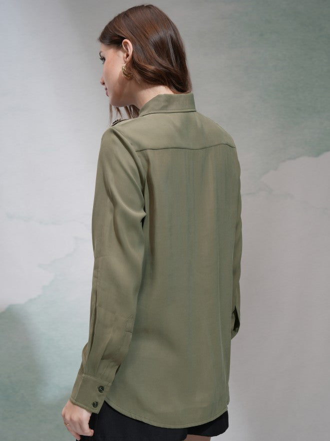 Tokyo Talkies Women Olive Solid Casual Shirt - Olive - Image 3